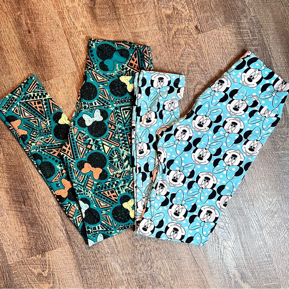 LuLaRoe Disney Minnie Mouse Leggings OS Lot of 2 Teal Prints